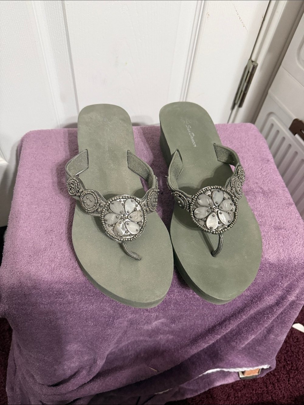 Sun Dancer Olive Green Beaded Thong Sandals
